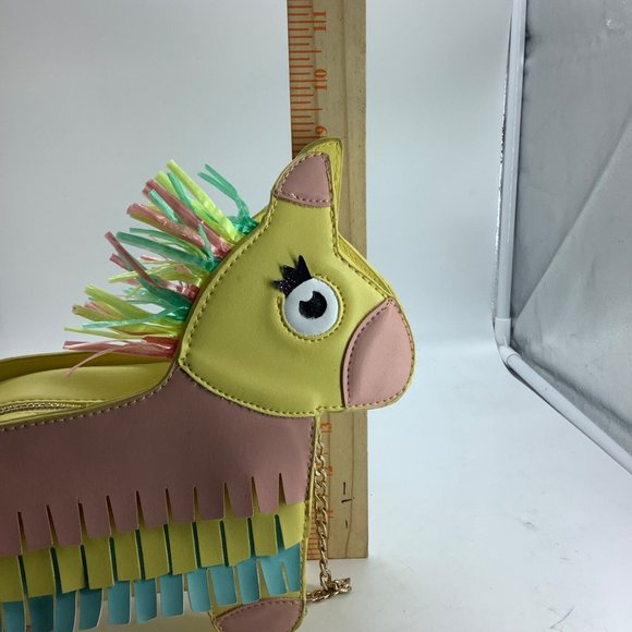 Piñata Donkey Handbag Shoulder Bag Pastel Rainbow Fringe 9"x8.5" Gold Chain - Picture 9 of 9